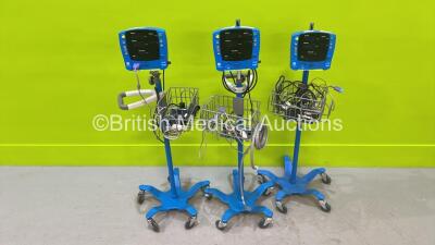 3 x GE Dinamap Carescape Vital Signs Monitors on Stands with Selection of Cables (All Power Up)