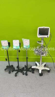 1 x GE Dash 4000 Patient Monitor on Stand with BP 1/3, BP 2/4, SPO2, Temp/Co, NIBP and ECG Options and 3 x Blood Pressure Meters on Stands (Powers Up)