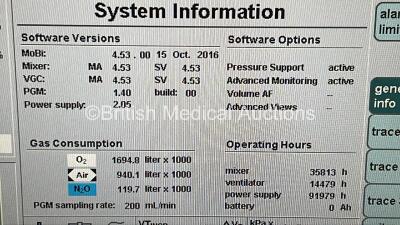 Drager Primus Anaesthesia Machine Software Version 4.53.00 - Total Operating Hours Mixer 35813 - Ventilator 14479 with Bellows and Hoses (Powers Up) *S/N ASEK-0115* - 2