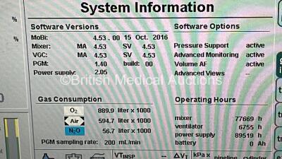 Drager Primus Anaesthesia Machine Software Version 4.53.00 - Total Operating Hours Mixer 77669 - Ventilator 6755 with Bellows and Hoses (Powers Up) *S/N ASEH-0225* - 2