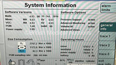 Drager Primus Anaesthesia Machine Software Version 4.53.00 - Total Operating Hours Mixer 57072 - Ventilator 18868 with Bellows and Hoses (Powers Up) *S/N ASHB-0172* - 3