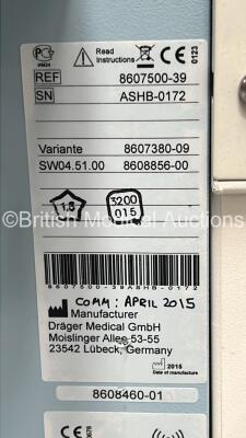 Drager Primus Anaesthesia Machine Software Version 4.53.00 - Total Operating Hours Mixer 57072 - Ventilator 18868 with Bellows and Hoses (Powers Up) *S/N ASHB-0172* - 5