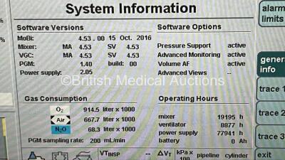 Drager Primus Anaesthesia Machine Software Version 4.53.00 - Total Operating Hours Mixer 19195 - Ventilator 8877 with Bellows and Hoses (Powers Up) *S/N ASHB-0171* - 3