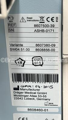 Drager Primus Anaesthesia Machine Software Version 4.53.00 - Total Operating Hours Mixer 19195 - Ventilator 8877 with Bellows and Hoses (Powers Up) *S/N ASHB-0171* - 5