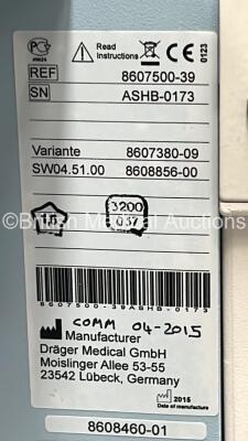 Drager Primus Anaesthesia Machine Software Version 4.53.00 - Total Operating Hours Mixer 64566 - Ventilator 9041 with Bellows and Hoses (Powers Up) *S/N ASHB-0173* - 5