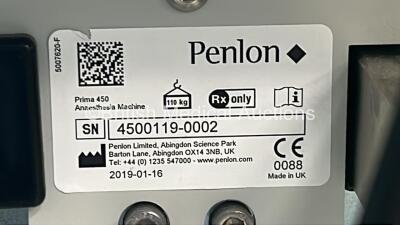 Penlon Prima 450 Induction Anaesthesia Machine *Mfd 2019* with Hoses, Penlon AV-S Ventilator - CPU Software v2.01.05 and Penlon A200SP Absorber (Powers Up) *4500119-0002* - 6