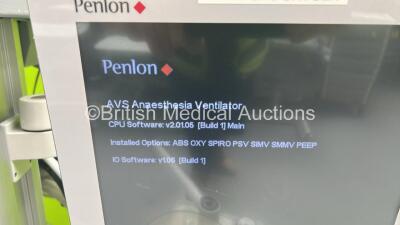 Penlon Prima 450 Induction Anaesthesia Machine *Mfd 2019* with Hoses, Penlon AV-S Ventilator - CPU Software v2.01.05, Penlon 02 Monitor and Penlon A200SP Absorber (Powers Up) *4500119-0003* - 2