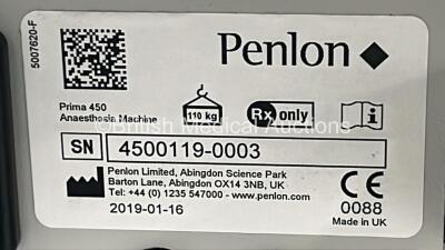 Penlon Prima 450 Induction Anaesthesia Machine *Mfd 2019* with Hoses, Penlon AV-S Ventilator - CPU Software v2.01.05, Penlon 02 Monitor and Penlon A200SP Absorber (Powers Up) *4500119-0003* - 6