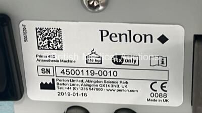 Penlon Prima 450 Induction Anaesthesia Machine *Mfd 2019* with Hoses, Penlon AV-S Ventilator - CPU Software v2.01.06, Penlon 02 Monitor and Penlon A200SP Absorber (Powers Up) *4500119-0010* - 6