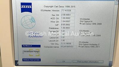 Zeiss IOLMaster 500 Ref 1692-983 Version 7.7.4.0326 with Testeye on Motorized Table (Powers Up) *S/N 1065433* **Mfd 11/2011** - 2