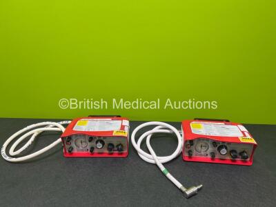 2 x Smiths Medical ParaPAC Plus 310 Transport Ventilators MR Conditional (Small Cracks in Casing - See Photos) with 2 x Hoses and 2 x Lithium Batteries *SN 1910108 / 1910041*