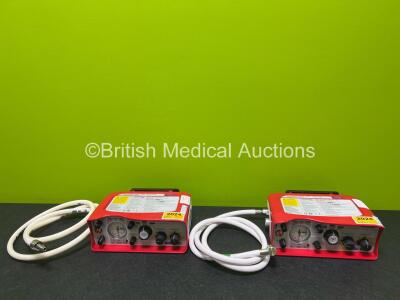 2 x Smiths Medical ParaPAC Plus 310 Transport Ventilators MR Conditional (Small Cracks in Casing - See Photos) with 2 x Hoses and 2 x Lithium Batteries *SN 1910032 / 1910042*