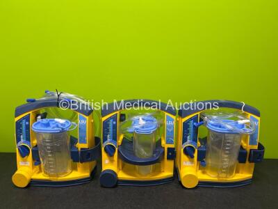 3 x Laerdal LSU Suction Units (All Power Up with Damage to Casing - See Photos) with 3 x NiMH Batteries, 3 x Suction Cups and Hoses