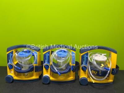 3 x Laerdal LSU Suction Units (All Power Up with Damage to Casing - See Photos) with 3 x NiMH Batteries, 3 x Suction Cups and Hoses