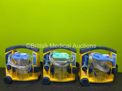 3 x Laerdal LSU Suction Units (All Power Up with Damage to Casing - See Photos) with 3 x NiMH Batteries, 3 x Suction Cups and Hoses