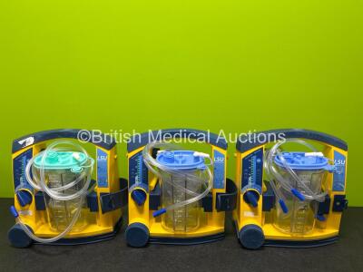 3 x Laerdal LSU Suction Units (All Power Up with Damage to Casing - See Photos) with 3 x NiMH Batteries, 3 x Suction Cups and Hoses