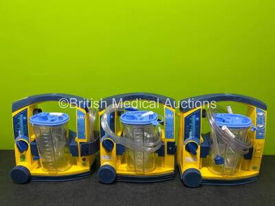 3 x Laerdal LSU Suction Units (All Power Up with Damage to Casing - See Photos) with 3 x NiMH Batteries, 3 x Suction Cups and Hoses