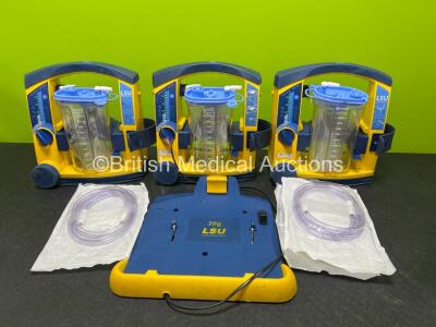 3 x Laerdal LSU Suction Units (All Power Up with Damage to Casing - See Photos) with 3 x NiMH Batteries, 3 x Suction Cups, 1 x Wall Bracket and Hoses