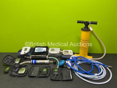 Job Lot Including 3 x Entonox Hoses, 3 x Various Hand Pumps, 4 x Various Digital BP Monitors and 5 x Blood Glucose Monitors