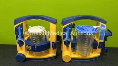 2 x Laerdal LSU Suction Units with 2 x NiMH Batteries and 2 x Cups (Both Power Up with Damage to Casing - See Photos)