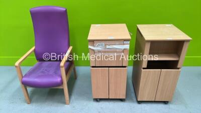 2 x Bedside Cabinets (1 x Damaged) and 1 x Waiting Room Chair