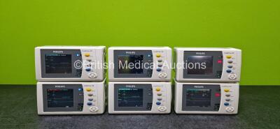 6 x Philips IntelliVue X2 Handheld Patient Monitors (All Power Up and 1 x Damaged Case - See Photos) Including ECG, SpO2, NBP, Press and Temp Options and 6 x Philips M4607A Rechargeable Lithium Ion Batteries *SN DE83621789 / DE95048706 / DE83632734 / DE03