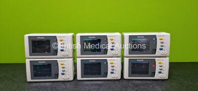 6 x Philips IntelliVue X2 Handheld Patient Monitors (All Power Up and 2 x Cracked Cases - See Photos) Including ECG, SpO2, NBP, Press and Temp Options and 6 x Philips M4607A Rechargeable Lithium Ion Batteries *SN DE654U2870 / DE03791528 / DE535L6184 / DE9