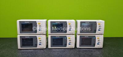 6 x Philips IntelliVue X2 Handheld Patient Monitors (All Power Up and 1 x Damaged Case - See Photos) Including ECG, SpO2, NBP, Press and Temp Options and 6 x Philips M4607A Rechargeable Lithium Ion Batteries *SN DE95048797 / DE03794482 / DE535K8378 / DE31