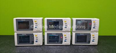 6 x Philips IntelliVue X2 Handheld Patient Monitors (All Power Up and 3 x Damaged / Cracked Cases - See Photos) Including ECG, SpO2, NBP, Press and Temp Options and 6 x Philips M4607A Rechargeable Lithium Ion Batteries (1 x Missing Case - See Photos) *SN 