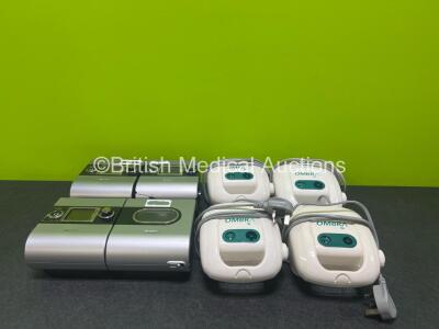 Mixed Lot Including 4 x Ombra Table Top Compressors and 3 x ResMed S9 CPAP Units (1 x Damage to Casing - See Photos) with 1 x H5i Humidifier Chamber and 3 x Power Supplies