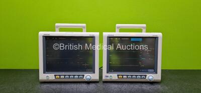 2 x Mindray iPM-9800 Patient Monitors Including SpO2, T1, T2, NIBP, ECG, IBP1, IBP2, CO2 and Printer Options and 4 x Lithium Batteries (Both Power Up and 1 x Missing Printer Cover - See Photos)