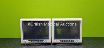 2 x Mindray iPM-9800 Patient Monitors Including SpO2, T1, T2, NIBP, ECG, IBP1, IBP2, CO2 and Printer Options and 4 x Lithium Batteries (Both Power Up and Both Missing Handles - See Photos)