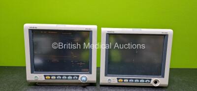 2 x Mindray iPM-9800 Patient Monitors Including SpO2, T1, T2, NIBP, ECG, IBP1, IBP2, CO2 and Printer Options and 4 x Lithium Batteries (1 x Powers Up, 1 x No Power / Damaged, Both Missing Handles and Both Damaged Cases - See Photos)