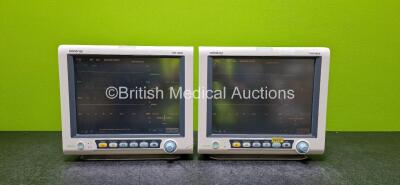 2 x Mindray iPM-9800 Patient Monitors Including SpO2, T1, T2, NIBP, ECG, IBP1, IBP2, CO2 (1 x Water Trap) and Printer Options and 4 x Lithium Batteries (Both Powers Up, Both Missing Handles, 1 x Missing Printer Cover and 1 x Cracked Case - See Photos)