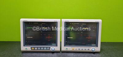 2 x Mindray iPM-9800 Patient Monitors Including SpO2, T1, T2, NIBP, ECG, IBP1, IBP2 and Printer Options and 2 x Lithium Batteries (Both Powers Up, 1 x Loose Printer Cover, Both Missing Handles and Both Cracked Cases - See Photos)