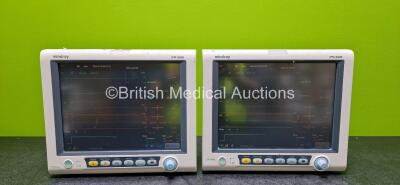 2 x Mindray iPM-9800 Patient Monitors Including SpO2, T1, T2, NIBP, ECG, IBP1, IBP2 and Printer Options and 2 x Lithium Batteries (Both Powers Up and 1 x Missing Handle - See Photos)