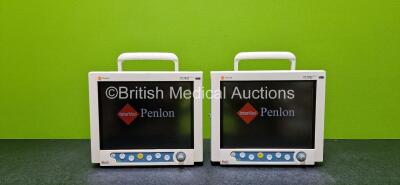 2 x Penlon PM-9000 Express Patient Monitors Including NIBP, ECG, SpO2, CO, IBP1, IBP2, T1 ,T2 and 1 x CO2 Options (Both Power Up and Damaged Battery Cover)