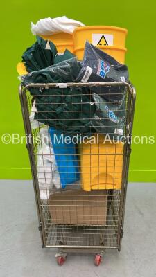 Job Lot of Consumables Including Waste Containers, Face Shields and Disposable and E&E Workwear Howie Coats *Cage Not Included*