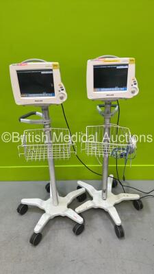 2 x Philips IntelliVue MP30 Patient Monitors on Stands (Both Power Up - Damage to 1 x Screen) with 2 x Philips M3012A Modules