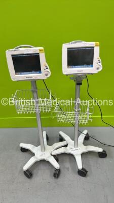 2 x Philips IntelliVue MP30 Patient Monitors on Stands (Both Power Up - 1 x Cracked Casing) with 1 x Philips M3012A Module