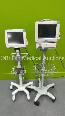 2 x Philips IntelliVue MP50 Patient Monitors on Stands with 1 x Philips M1013A Gas Module (Both Power Up)