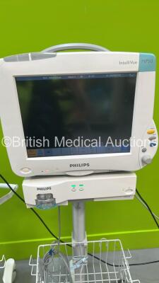 2 x Philips IntelliVue MP50 Patient Monitors on Stands with 1 x Philips M1013A Gas Module (Both Power Up) - 2