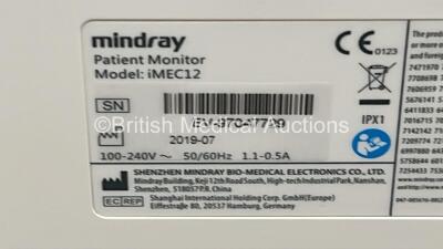 Mindray iMEC12 Patient Monitor *Mfd- 2019* (Powers Up) Including ECG, SpO2, NIBP, T1 and T2 Options - 5