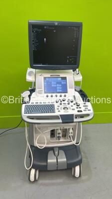 GE Logiq E9 Flat Screen Ultrasound Scanner Ref 5205000-4 *S/N 104447US8* **Mfd 2011** Software Version R3.1.2 with 2 x Transducers / Probes (9L-D Ref 5194432 *Mfd 2012* and C1-6-D Ref 5418916 *Mfd 2015*) (Powers Up - C1-6-D Probe Not Registering) ***IR878