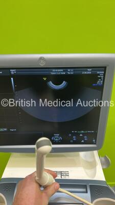 GE Voluson E6 Flat Screen Ultrasound Scanner *S/N D64857* **Mfd 06/2016** Software Version EC250 (14.0.11.1717) with 2 x Transducers / Probes (RAB6-D Ref H48681MG *Mfd 2015* and IC5-9-D Ref 5492351 *Mfd 2016*) (Powers Up - Hairline Cracks to Trim - See Ph - 5