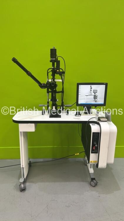 Valon MultiSpot Laser V1.0.11 with Haag Streit Bern BQ900 Slit Lamp on Motorized Table with Binoculars, Training Arm, 3 x 12,5x Eyepieces and Chin Rest (Powers Up with Key - Key Included) *S/N 18748* **Mfd 2012** ***CD033***