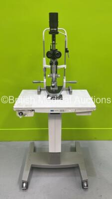 Haag Streit Bern BM 900 Slit Lamp with Binoculars, 2 x 10x Eyepieces and Chin Rest on Motorized Table (Unable to Power Test Due to No Power Supply Cable / Table Control Panel Damaged - See Pictures) *S/N 037771*