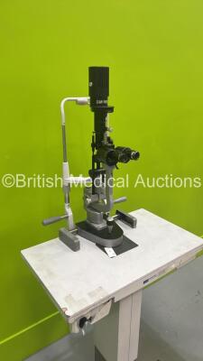 Haag Streit Bern BM 900 Slit Lamp with Binoculars, 2 x 10x Eyepieces and Chin Rest on Motorized Table (Unable to Power Test Due to No Power Supply Cable / Table Control Panel Damaged - See Pictures) *S/N 037771* - 6