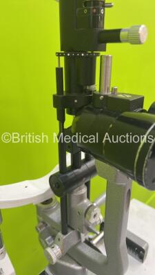 Haag Streit Bern BM 900 Slit Lamp with Binoculars, 2 x 10x Eyepieces and Chin Rest on Motorized Table (Unable to Power Test Due to No Power Supply Cable / Table Control Panel Damaged - See Pictures) *S/N 037771* - 7