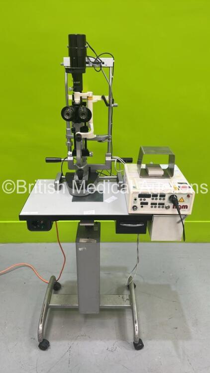 Haag Streit Bern BM900 Slit Lamp on Hydraulic Table with Binoculars, 2 x 10x and Chin Rest (Powers Up with Good Bulb) with HGM Elite E80-D-K11-2-02 Ophthalmic Laser (No Key)